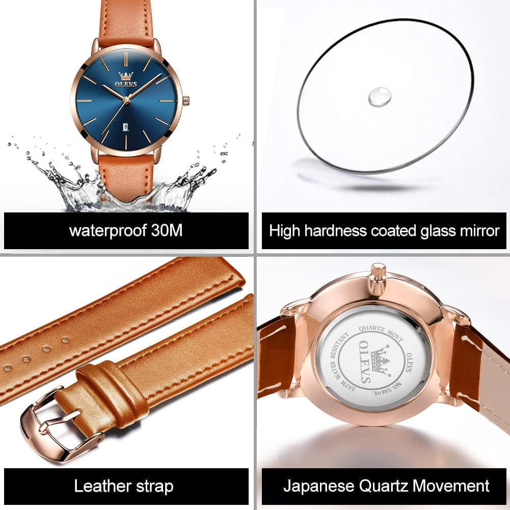 Women Wrist Watches Ultra Thin 6.5Mm Minimalist Dress Fashion Leather Strap Quartz Waterproof Date Day Slim Watches for Ladies
