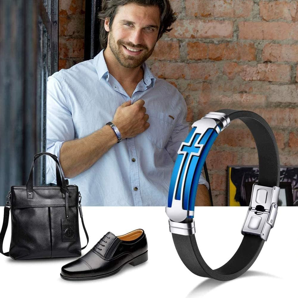 Mens Watches Chronograph Blue Silicone Strap and Cross Bracelets Waterproof Date Quartz Watch Sport Casual Fashion Wrist Watches for Men
