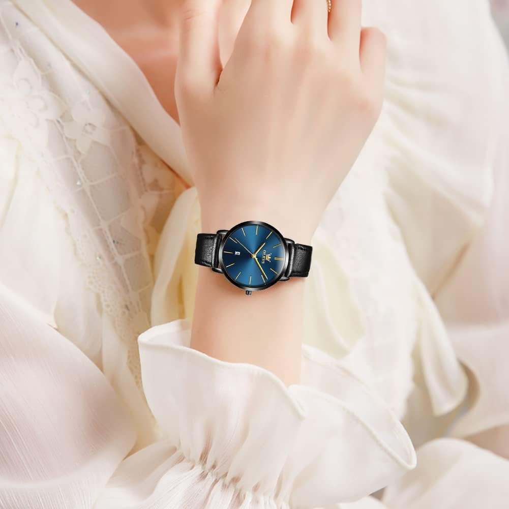 Women Wrist Watches Ultra Thin 6.5Mm Minimalist Dress Fashion Leather Strap Quartz Waterproof Date Day Slim Watches for Ladies