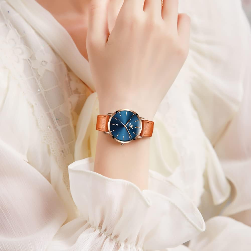 Women Wrist Watches Ultra Thin 6.5Mm Minimalist Dress Fashion Leather Strap Quartz Waterproof Date Day Slim Watches for Ladies