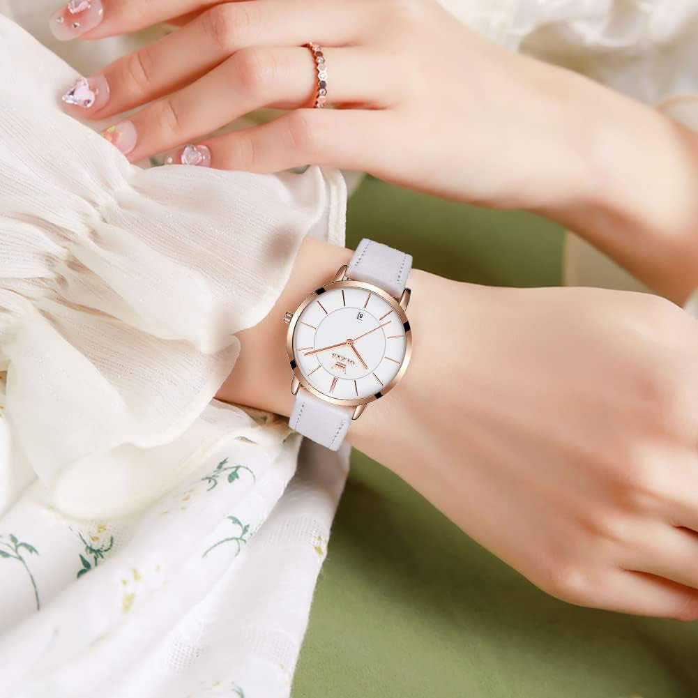 Women Wrist Watches Ultra Thin 6.5Mm Minimalist Dress Fashion Leather Strap Quartz Waterproof Date Day Slim Watches for Ladies