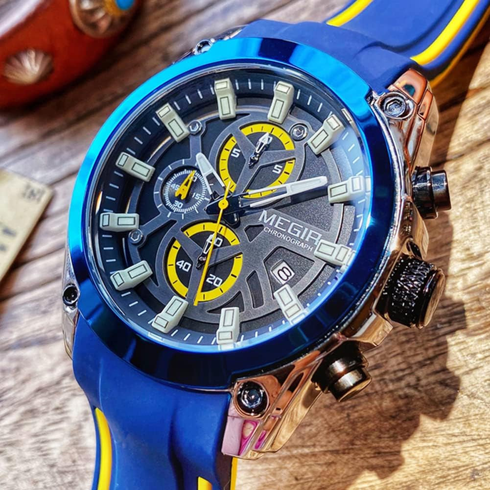 Mens Watches Chronograph Blue Silicone Strap and Cross Bracelets Waterproof Date Quartz Watch Sport Casual Fashion Wrist Watches for Men