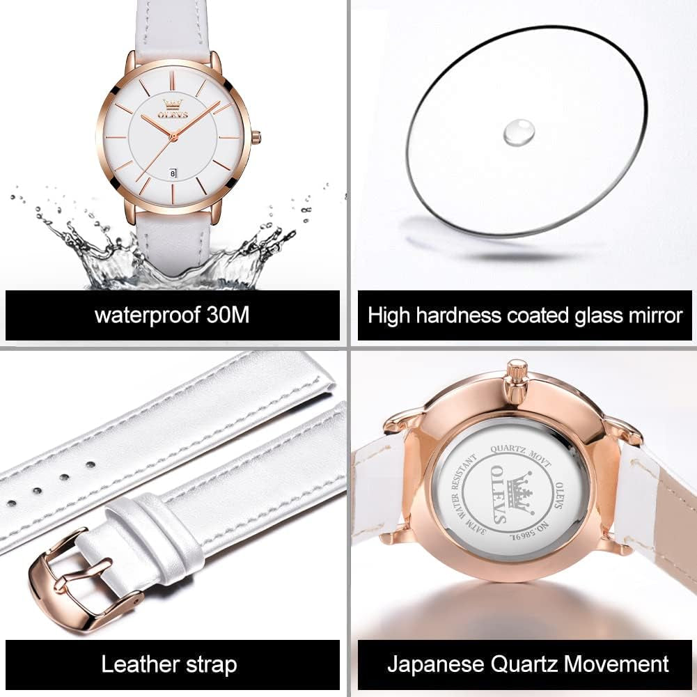 Women Wrist Watches Ultra Thin 6.5Mm Minimalist Dress Fashion Leather Strap Quartz Waterproof Date Day Slim Watches for Ladies