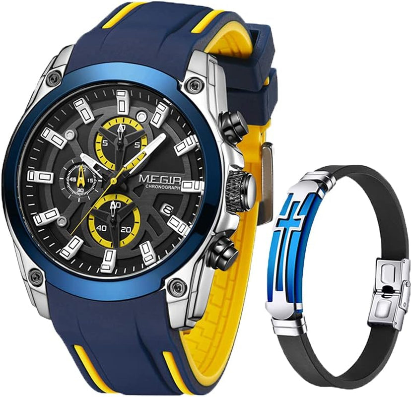 Mens Watches Chronograph Blue Silicone Strap and Cross Bracelets Waterproof Date Quartz Watch Sport Casual Fashion Wrist Watches for Men