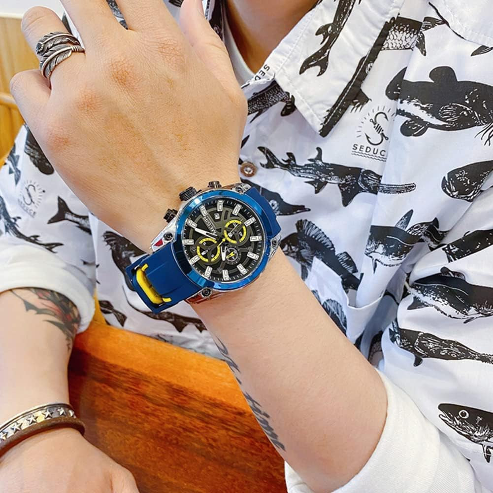 Mens Watches Chronograph Blue Silicone Strap and Cross Bracelets Waterproof Date Quartz Watch Sport Casual Fashion Wrist Watches for Men
